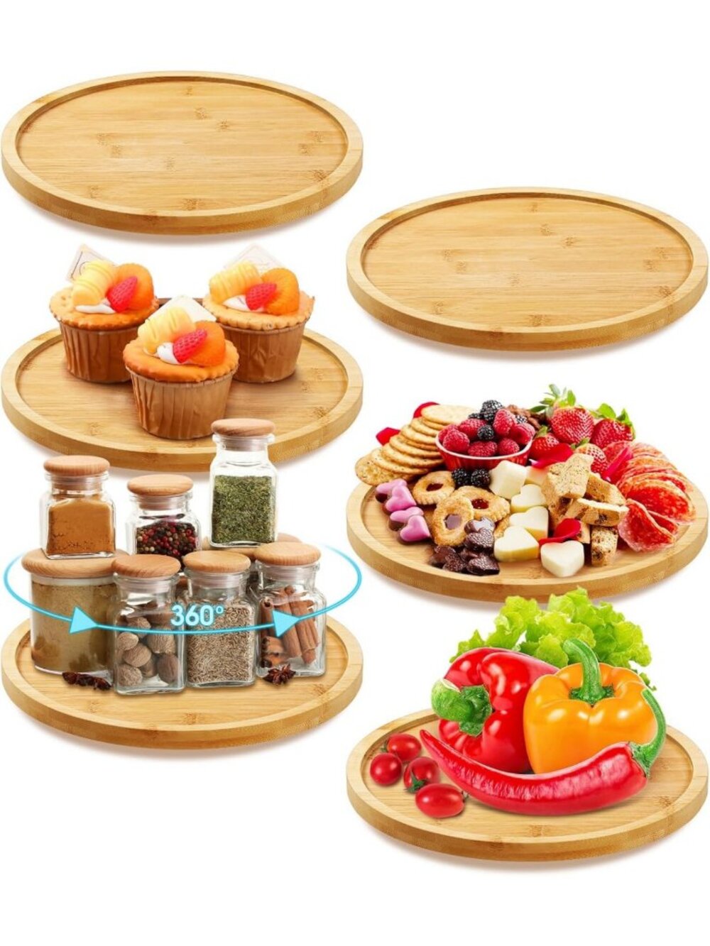 6-Piece Bamboo Lazy Susan Set - 10-Inch Round Kitchen Tray Organizer